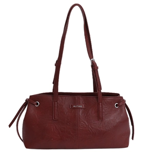 Retro dark red textured leather underarm bag with double straps and metal nameplate