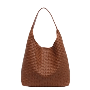 Large woven tote bag in brown soft leather style, minimalist vintage shoulder bag for women