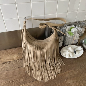 Women Fringe Crossbody Bag Bohemian Suede Texture PU Leather Tassel Shoulder Hobo Bag Retro Stylish Casual Daily