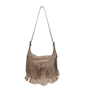 Vintage brown suede fringe shoulder bag with bohemian tassel and adjustable strap