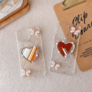Custodia iPhone con foglia oro e argento, specchio a cuore e farfalle 3D