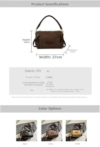 Detailed size specifications and color variants of the Boston-style PU shoulder bag