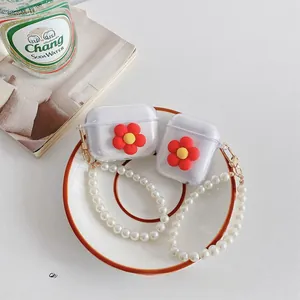 Clear case for AirPods with 3D red flower charm and elegant pearl wrist strap lanyard