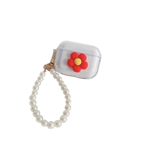 Macro shot of clear TPU case with 3D red flower and white pearl beaded strap