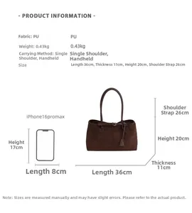 Detailed size chart for the faux suede tote bag including weight and dimensions