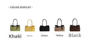 Color display of large suede tote bags in green, yellow, black, khaki and brown