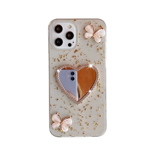 Custodia lusso per iPhone con foglia d'oro, specchio a cuore e farfalla 3D