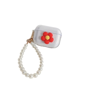 Clear TPU case for AirPods with red flower charm and elegant pearl wrist strap lanyard
