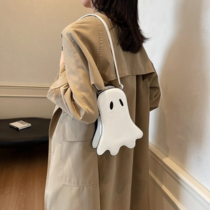 Ghost shaped white crossbody bag for Halloween with minimalist eyes and slim strap