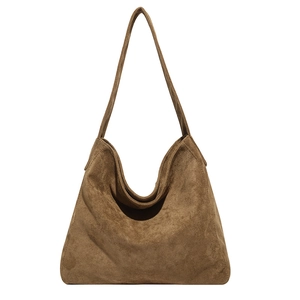 Vintage brown suede large capacity hobo tote bag for women with minimalist shoulder strap