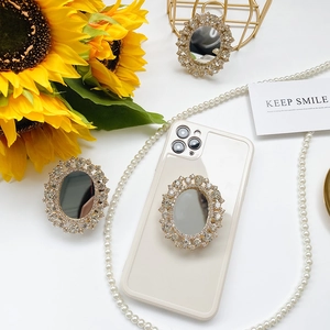 Luxurious folding rhinestone mirror phone grip and stand set for smartphone and tablet