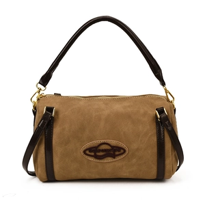 Brown frosted Boston bag with leather straps and golden hardware in a 45-degree angle view