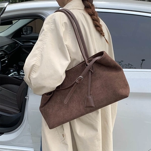 Retro brown suede tote bag with long shoulder straps for stylish women commuting