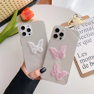 Transparent iPhone case with 3D lace embroidery butterfly design in French elegant style