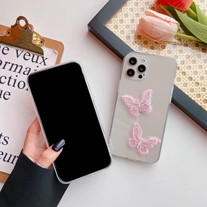 Transparent iPhone case featuring elegant pink 3D lace butterfly embroidery on soft TPU
