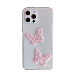 Clear iPhone case featuring delicate pink embroidered butterfly motifs on acrylic back