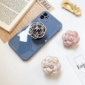 Camellia Flower Phone Stand Foldable Air Cushion Grip Faux Artificial Pearl Trim Elegant Pearlescent Desktop Holder For Mobile
