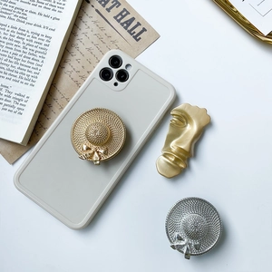 Straw Hat Shape Phone Griptok Holder Alloy Electroplated Bow Decor Retractable Foldable Retro Elegant Support