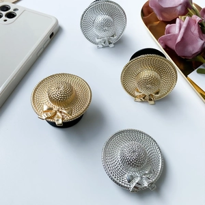 Chic electroplated straw hat phone socket stand with bow in gold and silver finish