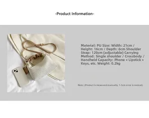 White ruched cloud bag detailed with brown straps, adjustable belt, and size dimensions