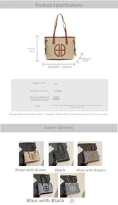 Detailed size specifications and material chart for the large PU leather tote bag