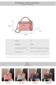 Infographic showing small PU square bag dimensions, colors, and metal chain details