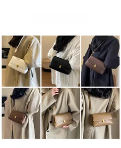 Model showcasing multiple colors of the vintage flap crossbody bag with gold buckle hardware