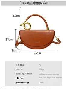 Detailed size chart for brown semi-circle PU leather handbag with golden ring handle