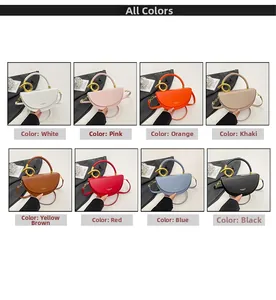 Detail showcasing eight color options for the half-moon crossbody bag with gold hardware