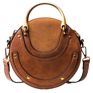Retro Round Crossbody Bag For Women Faux Suede Leather Metal Handle Rivet Decor Small Circle Shoulder Handbag Purse
