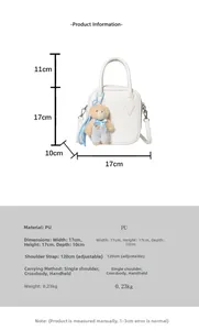 Detailed size specifications of white pebbled PU leather square bag with blue bear charm