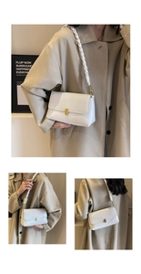 Detailed view of cream leather shoulder bag with gold clasp and woven strap design