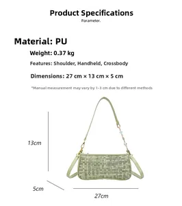 Detailed view of light green woven baguette bag with size specs and metal chain strap