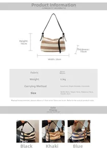 Detailed view of striped straw bag dimensions and specifications in multiple colors