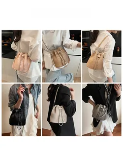 Detailed views of pleated bucket bags in multiple colors with drawstring and chain strap