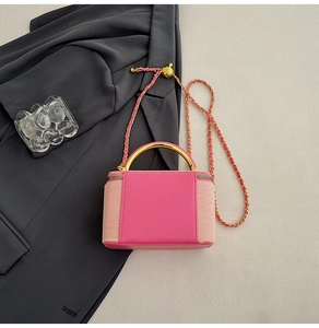 Macro shot of pink contrast crossbody box bag with gold metal handle and chain strap