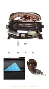 Detail of large capacity black pebbled leather handbag showing internal storage and phone pocket