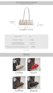 Detailed view of woven PU leather bag specs, 37x13x8cm dimensions and four color options