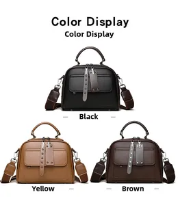 Three stylish women's handbags in black, mustard, and brown with pebbled leather texture