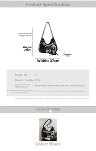 Detail view of large capacity black PU leather tote bag showing multi-way carrying options