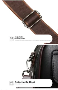 Detail of adjustable striped strap and silver metal hooks on a black pebble leather bag