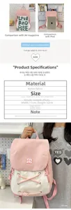 Pink and white canvas backpack size comparison with large and small dimensions chart