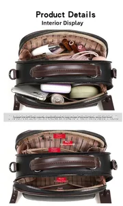 Macro view of women bag interior with multi-compartment leather structure and pockets