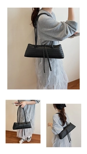 Three-way view of a black woven shoulder bag with long straps and stylish knot details
