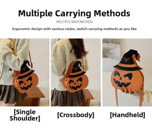 Versatile Halloween pumpkin bag shown as a shoulder, crossbody, and handbag with wizard hat