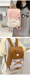 Detail of trendy mini backpack with bicolor canvas design and decorative drawstring