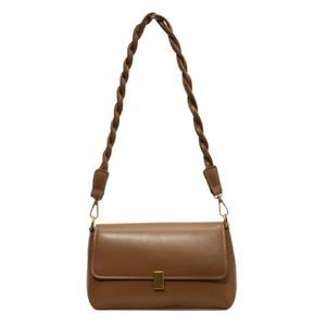 Brown leather rectangular shoulder bag with woven rope strap and gold metal buckle