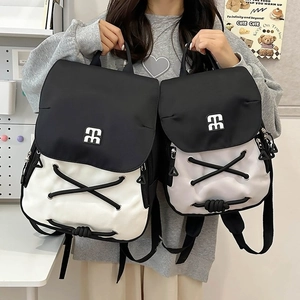 Chic monochrome drawstring backpack set with contrast logo and lace-up detail for students