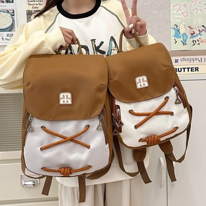 Cute Korean style contrast backpack in brown and white canvas for daily commute