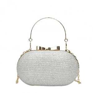 Sequin Glitter Evening Bag Women Hard Shell Oval Clutch With Metallic Handle And Bow Clasp Detachable Chain Strap